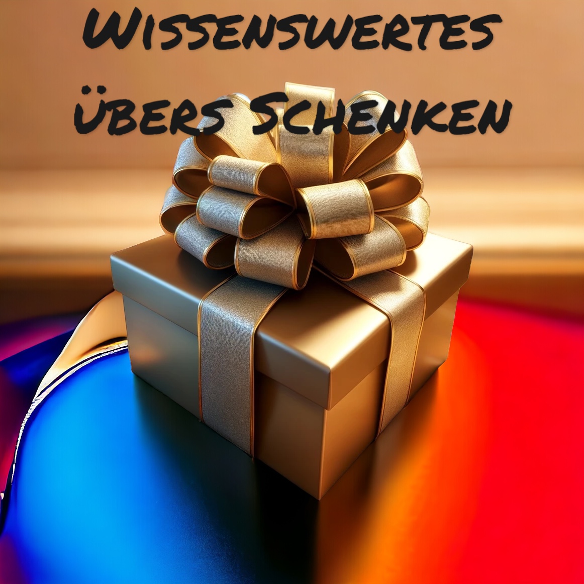 Wissenswertes übers Schenken Ein goldenes Geschenkspackerl mit buntem Hintergrund